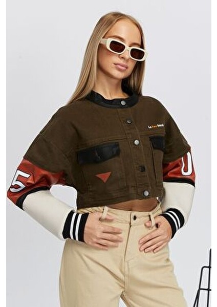 Kadın Oversize Kot Ceket Kolları Deri Garnili Düğmeli Motorcu Montu Baskılı Yarışçı Kolej Ceket modelleri