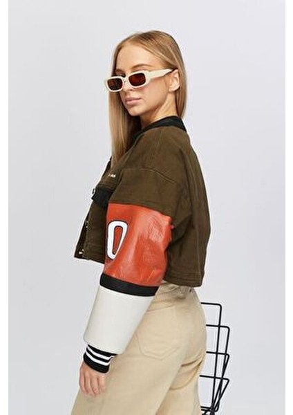 Kadın Oversize Kot Ceket Kolları Deri Garnili Düğmeli Motorcu Montu Baskılı Yarışçı Kolej Ceket