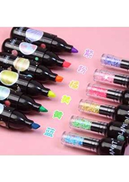 1 Paket 6'lı Galaxy Gezegen Şişe Figürlü Rengarenk Fosforlu Keçeli Kalemler Okul Öncesi Hediyelik