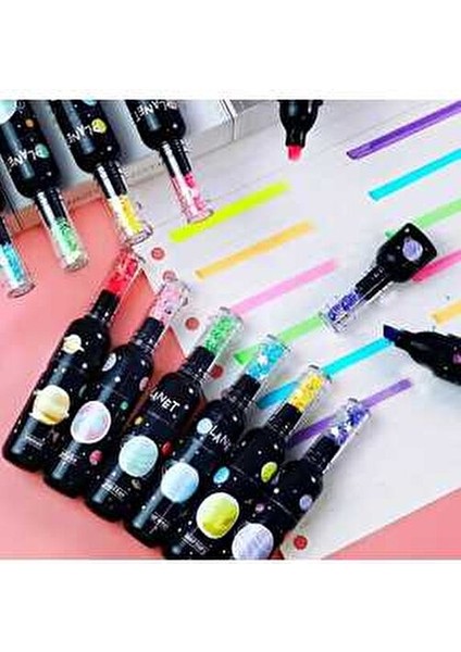 1 Paket 6'lı Galaxy Gezegen Şişe Figürlü Rengarenk Fosforlu Keçeli Kalemler Okul Öncesi Hediyelik modelleri