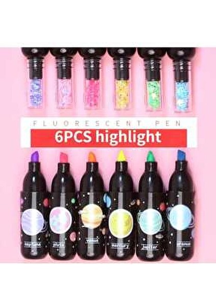 1 Paket 6'lı Galaxy Gezegen Şişe Figürlü Rengarenk Fosforlu Keçeli Kalemler Okul Öncesi Hediyelik fırsatları