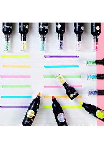 1 Paket 6'lı Galaxy Gezegen Şişe Figürlü Rengarenk Fosforlu Keçeli Kalemler Okul Öncesi Hediyelik