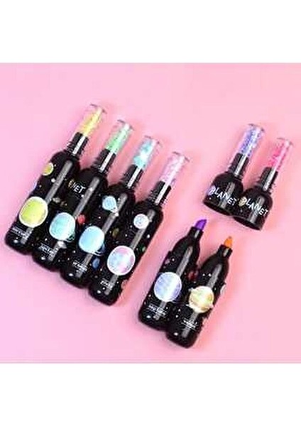 1 Paket 6'lı Galaxy Gezegen Şişe Figürlü Rengarenk Fosforlu Keçeli Kalemler Okul Öncesi Hediyelik