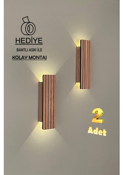 2 Adet Ahşap Pilli Dekoratif Duvar Aydınlatması Aplik Gece Lambası (Açık Meşe)