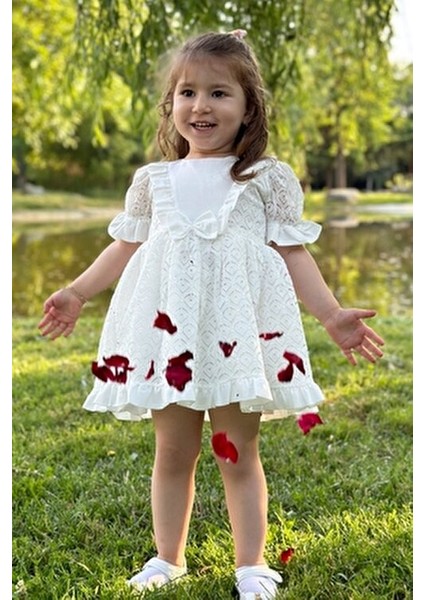 Kız Bebek Elbisesi Dantelli Kısa Kol Doğum Günü ve Parti İçin Beyaz Trend Stil