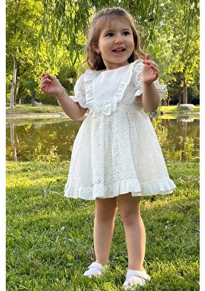 Kız Bebek Elbisesi Dantelli Kısa Kol Doğum Günü ve Parti İçin Beyaz Trend Stil modelleri