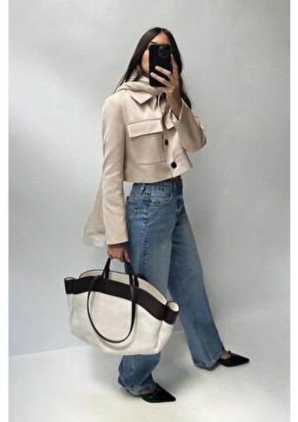 Kadın Kontrast Oversize Tote El ve Omuz Çanta