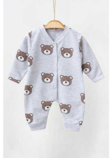 Unısex Bebek Ayıcıklı Baskılı Çıtçıtlı Yenidoğan Bebek Tulumu %100 Pamuk Esnek 1-3-6 Aylık