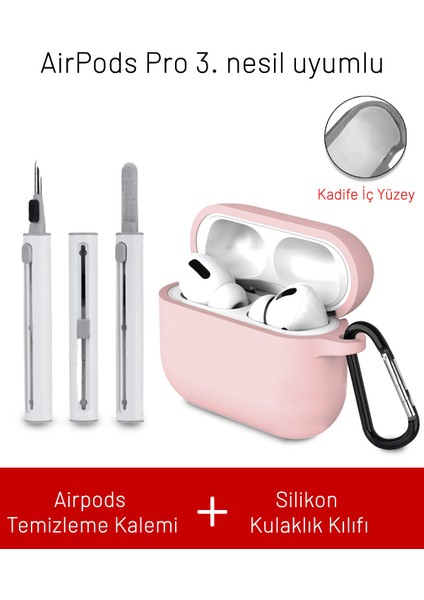 Airpods Pro 3. Nesil Uyumlu Içi Kadife Askı Aparatlı Darbelere Dayanıklı Silikon Kılıf ve Elektronik Temizleme Kalemi