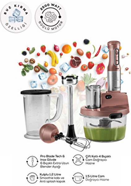 6 Bıçaklı Premium Cam Mutfak Robotu Çırpma, Dilimleme, Doğrama, Blender, Karıştırma,buz Kırma 2500W