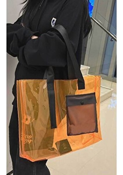 Turuncu Renk Pvc Kumaş Su Geçirmez Kadın Plaj Çantası - Cep Detaylı Şeffaf Plaj Çantası