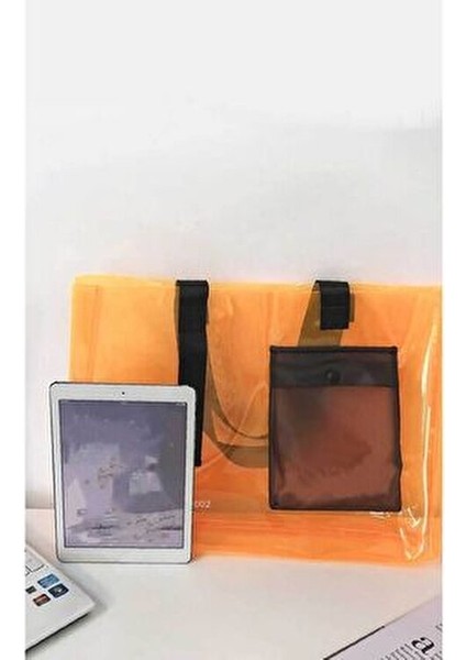 Turuncu Renk Pvc Kumaş Su Geçirmez Kadın Plaj Çantası - Cep Detaylı Şeffaf Plaj Çantası fiyatları