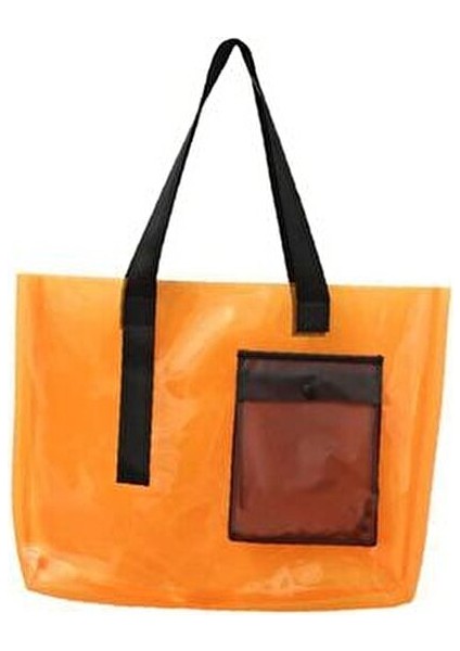Turuncu Renk Pvc Kumaş Su Geçirmez Kadın Plaj Çantası - Cep Detaylı Şeffaf Plaj Çantası modelleri