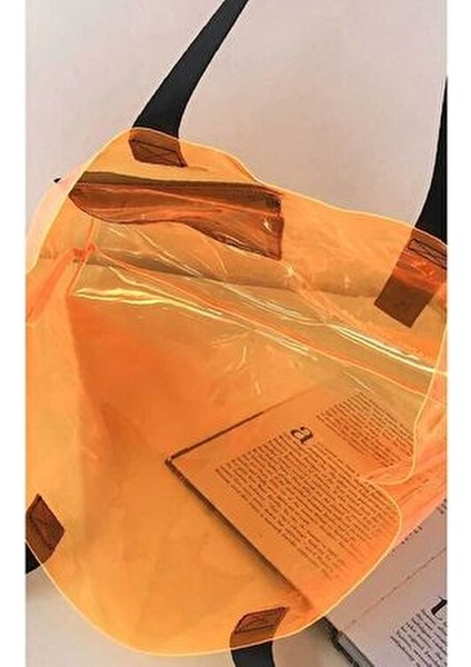 Turuncu Renk Pvc Kumaş Su Geçirmez Kadın Plaj Çantası - Cep Detaylı Şeffaf Plaj Çantası fırsatları