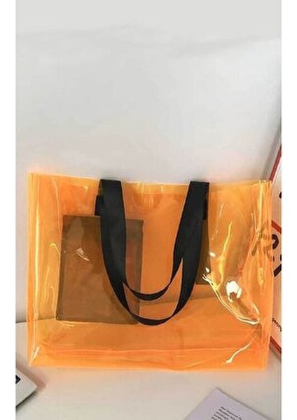 Turuncu Renk Pvc Kumaş Su Geçirmez Kadın Plaj Çantası - Cep Detaylı Şeffaf Plaj Çantası indirimleri