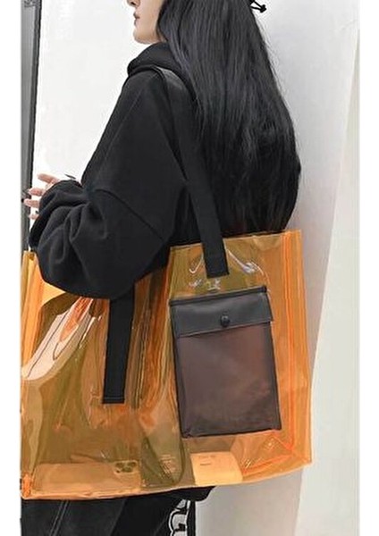 Turuncu Renk Pvc Kumaş Su Geçirmez Kadın Plaj Çantası - Cep Detaylı Şeffaf Plaj Çantası