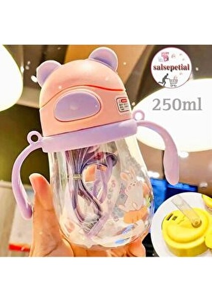 250ML Ayıcık Figürlü Pipeti Suluk Bebek Matara Askılı Sevimli Su Şişesi Bebek Pipetli Biberon Matara