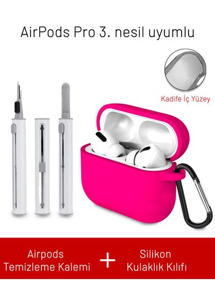 Airpods Pro 3. Nesil Uyumlu Içi Kadife Askı Aparatlı Darbelere Dayanıklı Silikon Kılıf ve Elektronik Temizleme Kalemi
