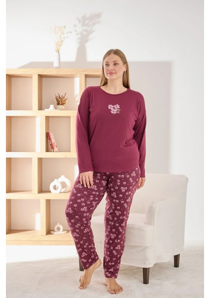 Kadın Büyük Beden Şık Sofia Kumaş Pijama Takımı - Mürdüm