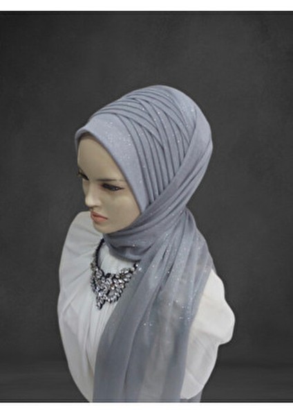 Simli Açık Gri Hazır Türban Hazır Şal Abiye Şal