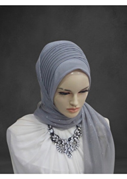 Simli Açık Gri Hazır Türban Hazır Şal Abiye Şal modelleri