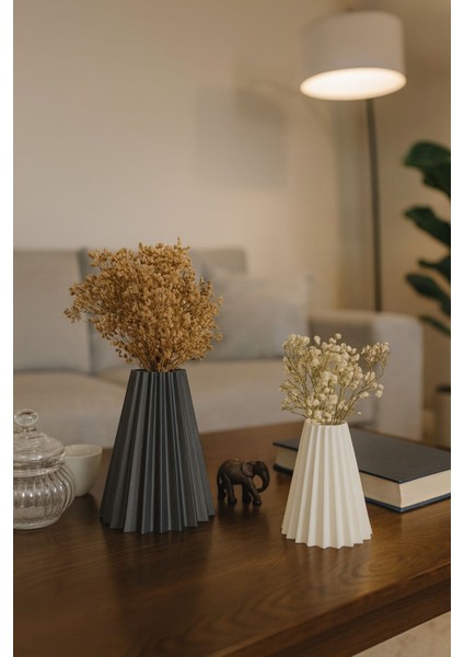 Pleksi Görünümlü Gri & Beyaz 2'li Dekoratif Vazo Seti Masa Üstü Dekoru Ev Aksesuarı