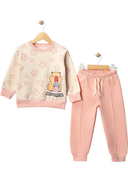 Kız Çocuk Capybara Baskılı Çiçek Desenli 3 Iplik Şardonlu Kalın Kışlık Eşofman Takımı 3-6 Yaş