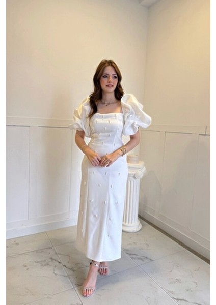 Kare Yaka Maxi Boy Taş Detaylı Pera Beyaz Elbise modelleri