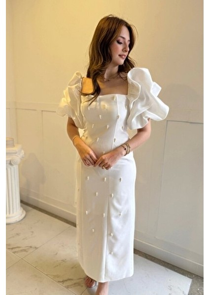 Kare Yaka Maxi Boy Taş Detaylı Pera Beyaz Elbise fırsatları