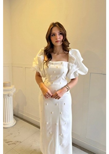 Kare Yaka Maxi Boy Taş Detaylı Pera Beyaz Elbise indirimleri