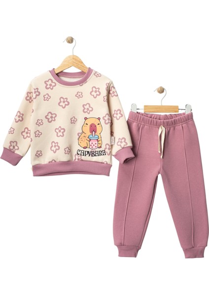 Kız Çocuk Capybara Baskılı Çiçek Desenli 3 Iplik Şardonlu Kalın Kışlık Eşofman Takımı 3-6 Yaş