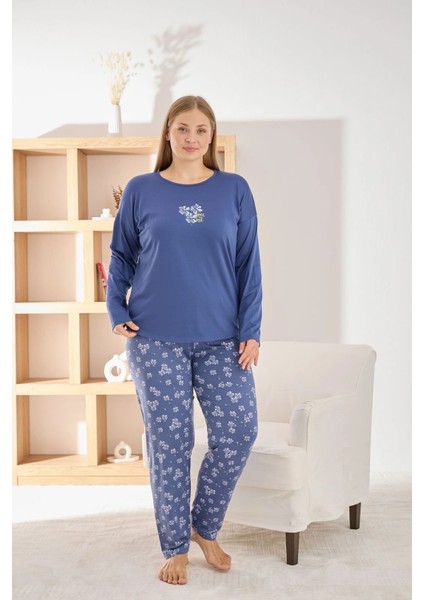 Kadın Büyük Beden Şık Sofia Kumaş Pijama Takımı - Lacivert