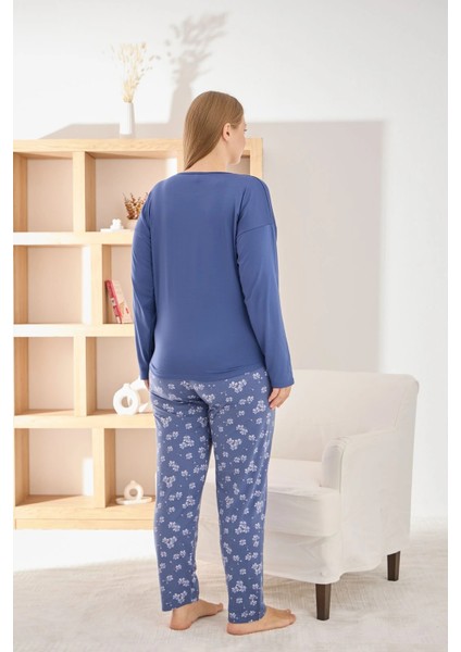 Kadın Büyük Beden Şık Sofia Kumaş Pijama Takımı - Lacivert modelleri