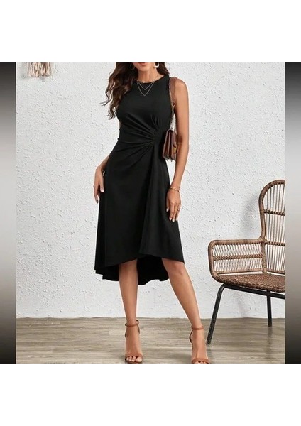 Kadın Sıfır Kollu Bisiklet Yaka Büzgülü Asimetrik Kesim Detaylı Janjan Krep Elbise modelleri