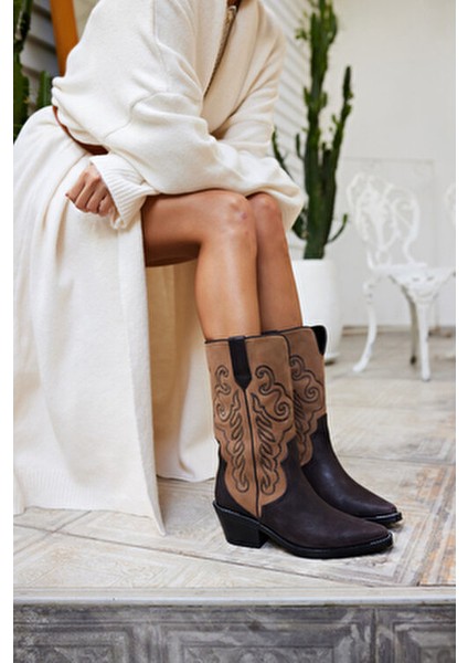 Ravello Kadın Kahve Gercek Deri Western Çizme