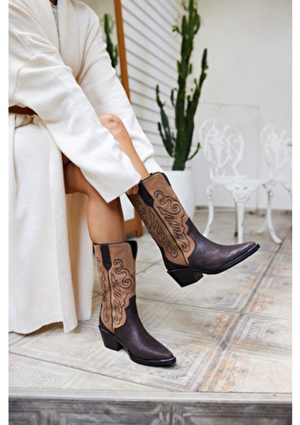 Ravello Kadın Kahve Gercek Deri Western Çizme fiyatları