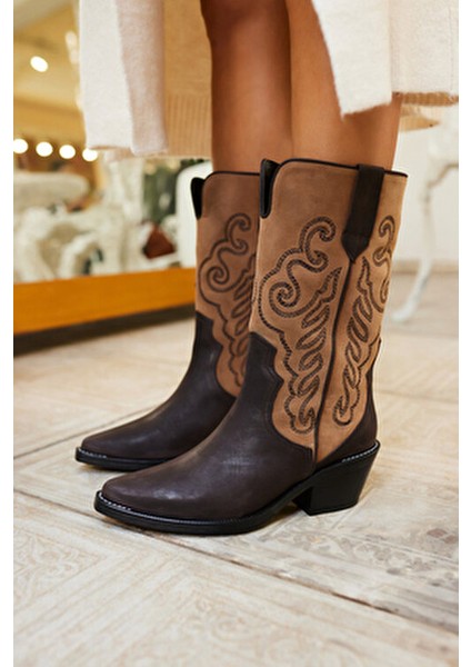 Ravello Kadın Kahve Gercek Deri Western Çizme