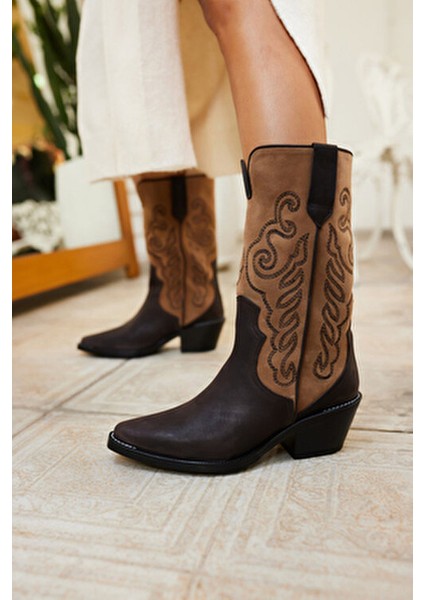 Ravello Kadın Kahve Gercek Deri Western Çizme