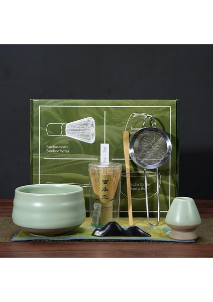 7 Adet Matcha Çırpma Teli Seti, Matcha Latte Kahve Çay Yapımı Için Seramik Kase, Bambu Çırpma Teli ve Tutucu, Paslanmaz Elek, Kepçe ve Çay Bezi ile Matcha Kiti