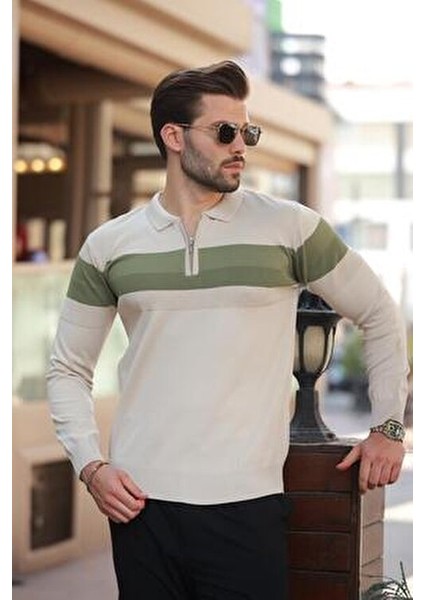 Bej Fermuarlı Polo Yaka Çizgili Uzun Kollu Kazak E7288