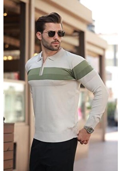 Bej Fermuarlı Polo Yaka Çizgili Uzun Kollu Kazak E7288 fiyatları