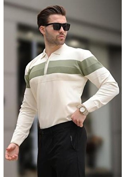 Bej Fermuarlı Polo Yaka Çizgili Uzun Kollu Kazak E7288 modelleri