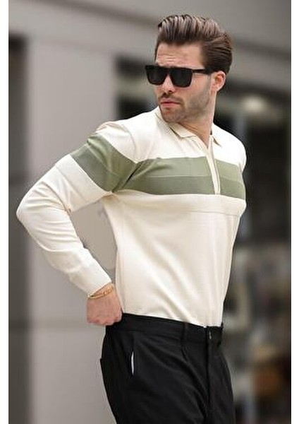 Bej Fermuarlı Polo Yaka Çizgili Uzun Kollu Kazak E7288 fırsatları