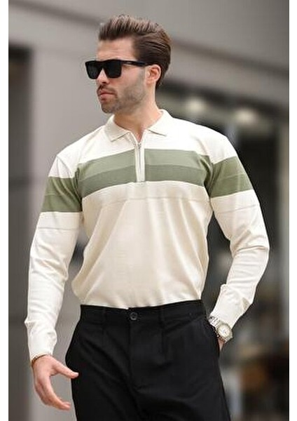 Bej Fermuarlı Polo Yaka Çizgili Uzun Kollu Kazak E7288 indirimleri