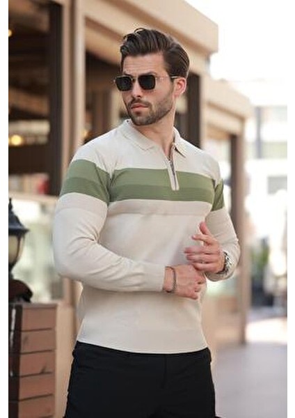 Bej Fermuarlı Polo Yaka Çizgili Uzun Kollu Kazak E7288