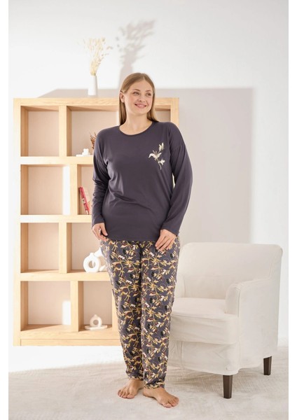 Kadın Büyük Beden Şık Sofia Kumaş Pijama Takımı - Antrasit