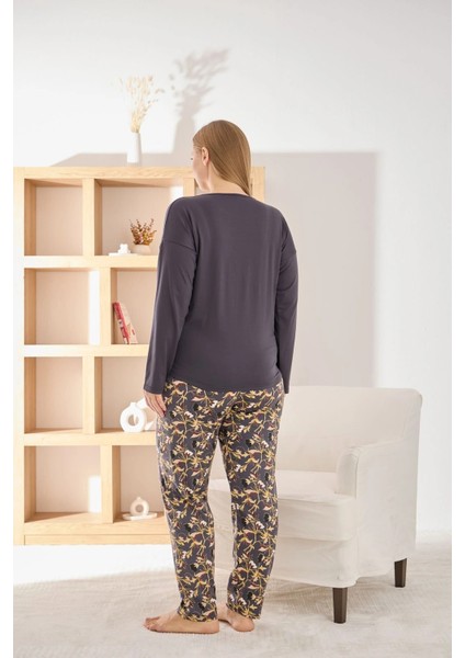 Kadın Büyük Beden Şık Sofia Kumaş Pijama Takımı - Antrasit modelleri