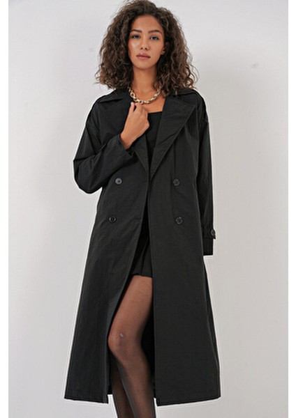 5936 Kruvaze Yaka Trençkot - Siyah