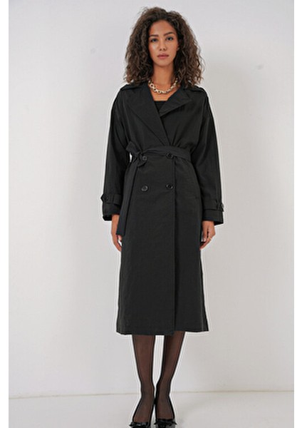 5936 Kruvaze Yaka Trençkot - Siyah fiyatları