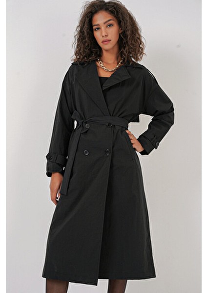 5936 Kruvaze Yaka Trençkot - Siyah modelleri